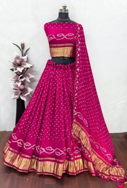 Regal Pink Pure Gaji Silk Bandhej Lehenga Choli with Original Bandhej Dupatta Navratri Lehnega Choli