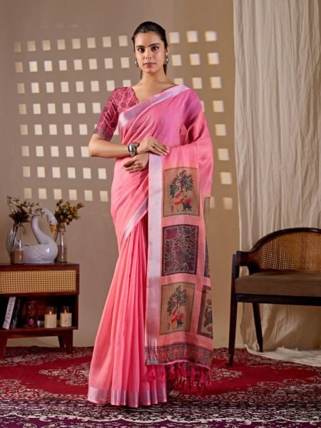 Regal Pink Wholesale Linen Saree for Resellers at Manufacturer Rate Sarees 