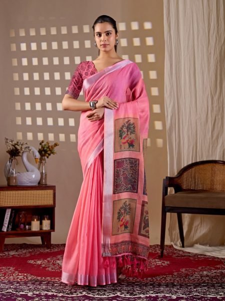 Regal Pink Wholesale Linen Saree for Resellers at Manufacturer Rate Cotton Sarees Wholesale