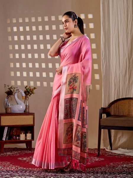 Regal Pink Wholesale Linen Saree for Resellers at Manufacturer Rate Cotton Sarees Wholesale