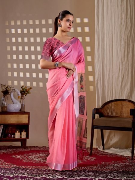 Regal Pink Wholesale Linen Saree for Resellers at Manufacturer Rate Cotton Sarees Wholesale