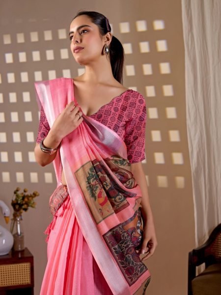 Regal Pink Wholesale Linen Saree for Resellers at Manufacturer Rate Cotton Sarees Wholesale