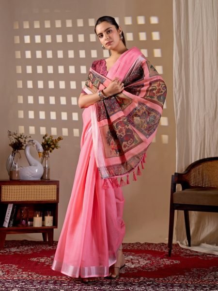 Regal Pink Wholesale Linen Saree for Resellers at Manufacturer Rate Cotton Sarees Wholesale