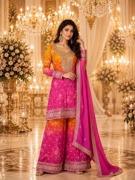Regal Pink Yellow Real Chinon Digital Print Palazzo Suit with Handwork for Women Salwar Kameez