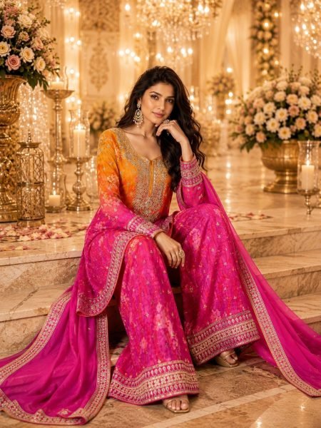 Regal Pink Yellow Real Chinon Digital Print Palazzo Suit with Handwork for Women Wholesale Printed Salwar Kameez 