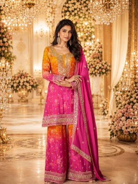 Regal Pink Yellow Real Chinon Digital Print Palazzo Suit with Handwork for Women Wholesale Printed Salwar Kameez 
