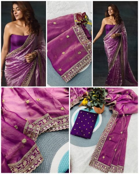 Regal Purple Mocha Silk Saree with Sequins Cording Work and Jacquard Silk Blouse Silk Sarees Wholesale