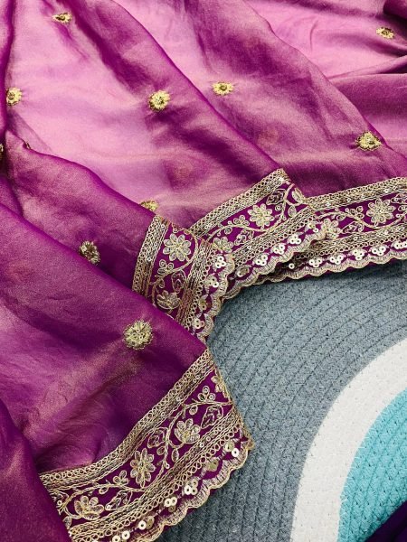 Regal Purple Mocha Silk Saree with Sequins Cording Work and Jacquard Silk Blouse Silk Sarees Wholesale