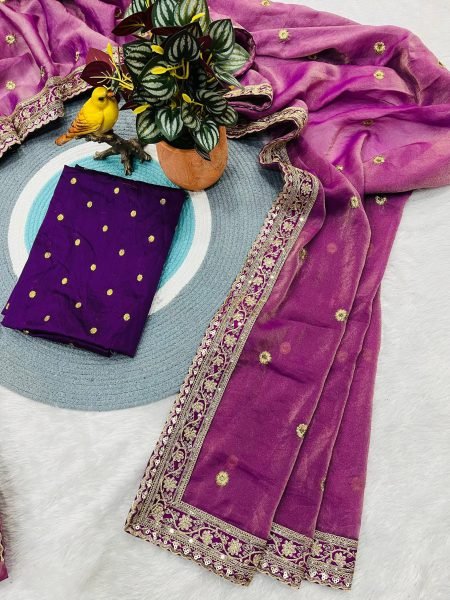 Regal Purple Mocha Silk Saree with Sequins Cording Work and Jacquard Silk Blouse Silk Sarees Wholesale