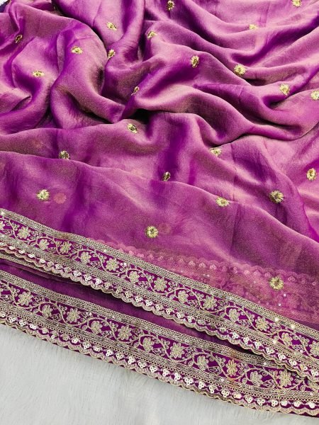 Regal Purple Mocha Silk Saree with Sequins Cording Work and Jacquard Silk Blouse Silk Sarees Wholesale