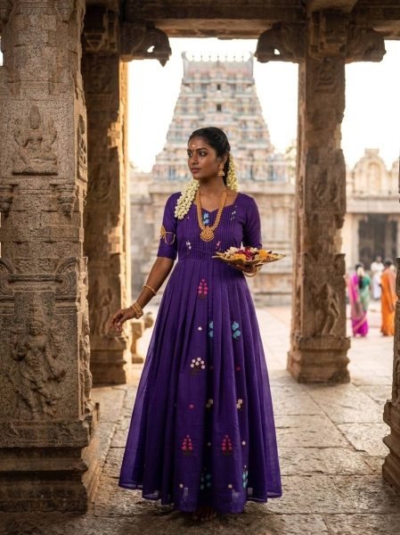 Regal Purple Women s Mull Cotton Embroidered Anarkali Style Gown For Temples  Anarkali Kurtis 