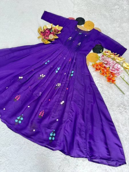 Regal Purple Women s Mull Cotton Embroidered Anarkali Style Gown For Temples  Anarkali Kurtis 