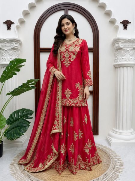 Regal Rani Pink Chinon Silk Suits Set With Dupatta Using Sequnce Work For Wedding Wear Ready To Wear Suit