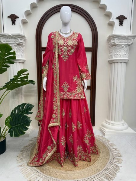 Regal Rani Pink Chinon Silk Suits Set With Dupatta Using Sequnce Work For Wedding Wear Ready To Wear Collection
