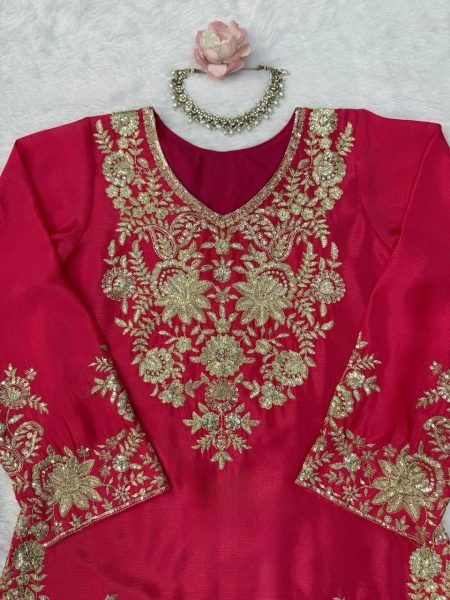 Regal Rani Pink Chinon Silk Suits Set With Dupatta Using Sequnce Work For Wedding Wear Ready To Wear Collection