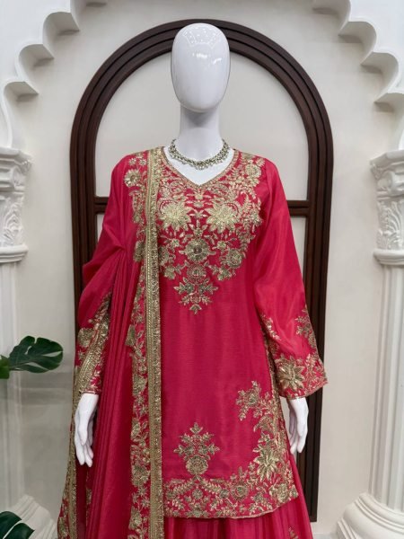 Regal Rani Pink Chinon Silk Suits Set With Dupatta Using Sequnce Work For Wedding Wear Ready To Wear Collection