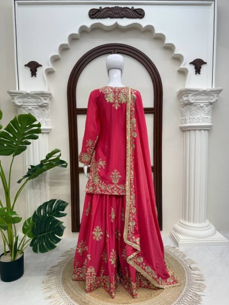 Regal Rani Pink Chinon Silk Suits Set With Dupatta Using Sequnce Work For Wedding Wear Ready To Wear Collection