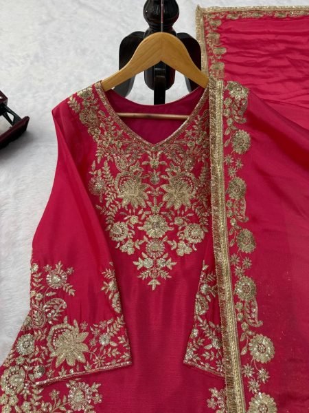 Regal Rani Pink Chinon Silk Suits Set With Dupatta Using Sequnce Work For Wedding Wear Ready To Wear Collection