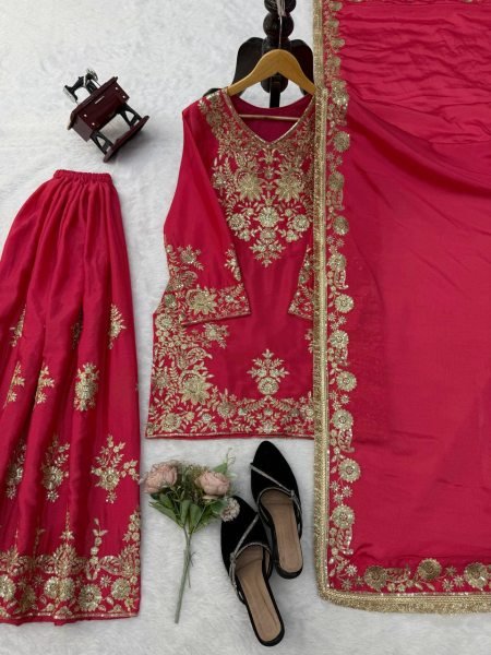Regal Rani Pink Chinon Silk Suits Set With Dupatta Using Sequnce Work For Wedding Wear Ready To Wear Collection