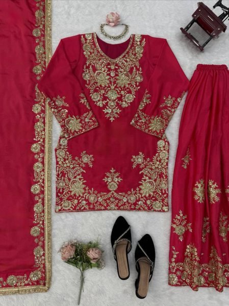 Regal Rani Pink Chinon Silk Suits Set With Dupatta Using Sequnce Work For Wedding Wear Ready To Wear Collection