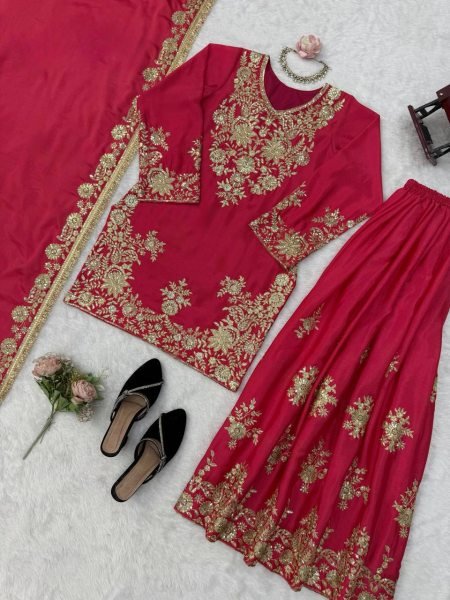 Regal Rani Pink Chinon Silk Suits Set With Dupatta Using Sequnce Work For Wedding Wear Ready To Wear Collection