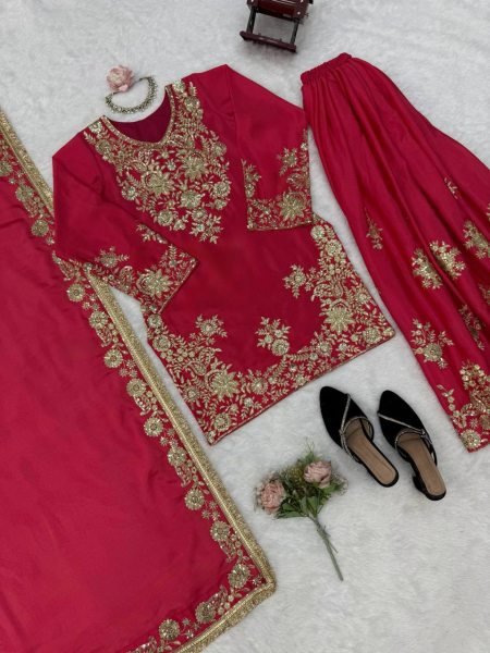Regal Rani Pink Chinon Silk Suits Set With Dupatta Using Sequnce Work For Wedding Wear Ready To Wear Collection