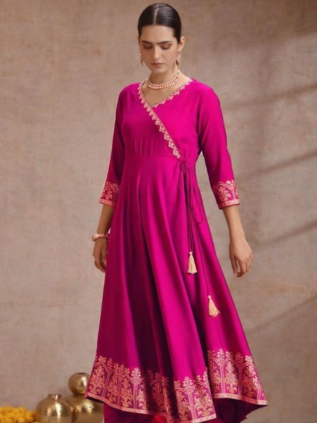 Regal Rani Pink Rayon Anarkali Kurti Set with Dupatta For High Margin Bulk Orders 