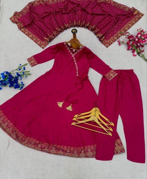 Regal Rani Pink Rayon Anarkali Kurti Set with Dupatta For High Margin Bulk Orders Ready To Wear Collection