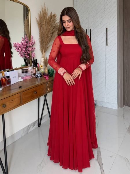 Regal Red Pure Faux Georgette Maxi Anarkali Suit with Multi Needle Embroidery Work 