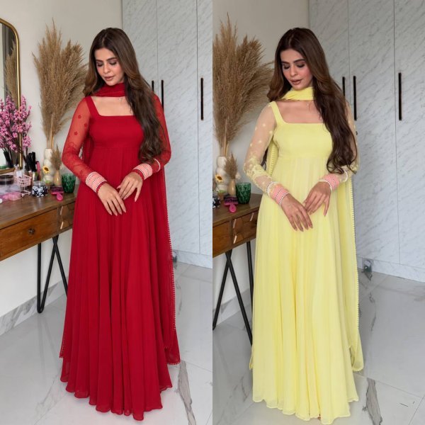 Regal Red Pure Faux Georgette Maxi Anarkali Suit with Multi Needle Embroidery Work Ready To Wear Collection