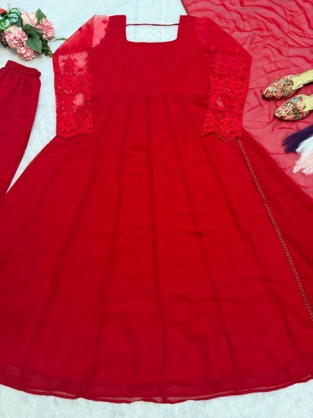 Regal Red Pure Faux Georgette Maxi Anarkali Suit with Multi Needle Embroidery Work Ready To Wear Collection