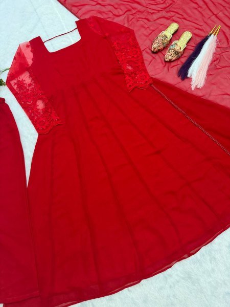 Regal Red Pure Faux Georgette Maxi Anarkali Suit with Multi Needle Embroidery Work Ready To Wear Collection