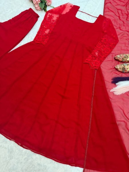 Regal Red Pure Faux Georgette Maxi Anarkali Suit with Multi Needle Embroidery Work Ready To Wear Collection