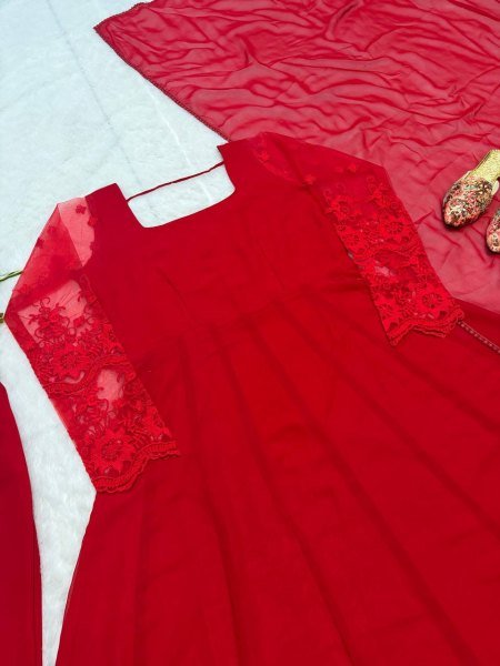 Regal Red Pure Faux Georgette Maxi Anarkali Suit with Multi Needle Embroidery Work Ready To Wear Collection