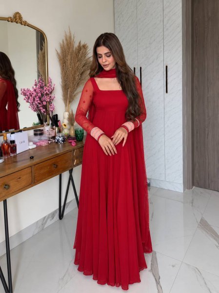 Regal Red Pure Faux Georgette Maxi Anarkali Suit with Multi Needle Embroidery Work Ready To Wear Collection