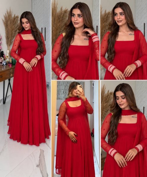 Regal Red Pure Faux Georgette Maxi Anarkali Suit with Multi Needle Embroidery Work Ready To Wear Collection