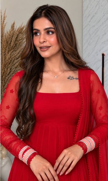 Regal Red Pure Faux Georgette Maxi Anarkali Suit with Multi Needle Embroidery Work Ready To Wear Collection