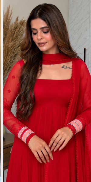 Regal Red Pure Faux Georgette Maxi Anarkali Suit with Multi Needle Embroidery Work Ready To Wear Collection