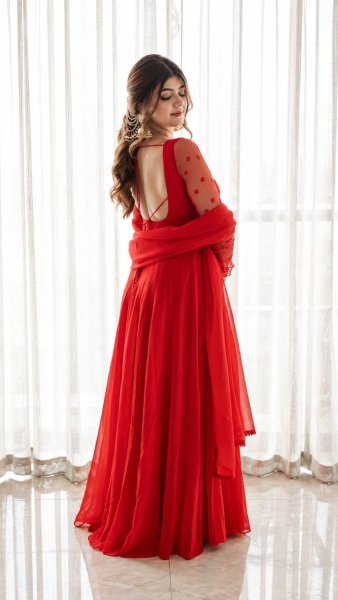 Regal Red Pure Faux Georgette Maxi Anarkali Suit with Multi Needle Embroidery Work Ready To Wear Collection