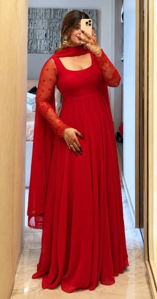Regal Red Pure Faux Georgette Maxi Anarkali Suit with Multi Needle Embroidery Work Ready To Wear Collection