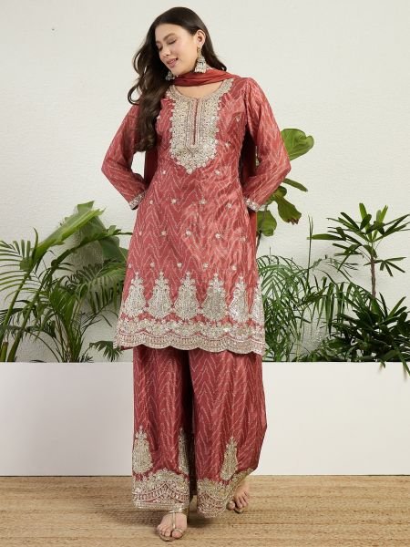 Regal Rust Chinon Embroidered Kurti Pant Set with Designer Dupatta Salwar Kameez
