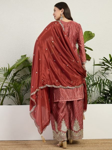 Regal Rust Chinon Embroidered Kurti Pant Set with Designer Dupatta Designer Plazzo Salwar Suits Wholesale