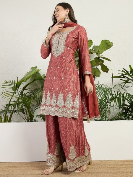 Regal Rust Chinon Embroidered Kurti Pant Set with Designer Dupatta Designer Plazzo Salwar Suits Wholesale