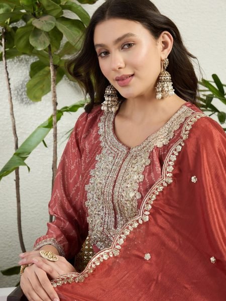 Regal Rust Chinon Embroidered Kurti Pant Set with Designer Dupatta Designer Plazzo Salwar Suits Wholesale