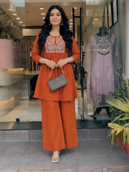 Regal Rust Cotton Embroidered Top and Bottom Cord Set for Daily Wear 