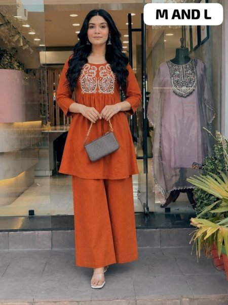 Regal Rust Cotton Embroidered Top and Bottom Cord Set for Daily Wear CO ORD Sets