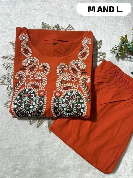 Regal Rust Cotton Embroidered Top and Bottom Cord Set for Daily Wear CO ORD Sets