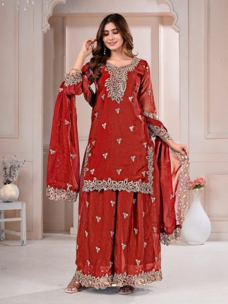 Regal Rust Designer Fendy Silk Sharara Suit with Matching Dupatta at Manufacturer  