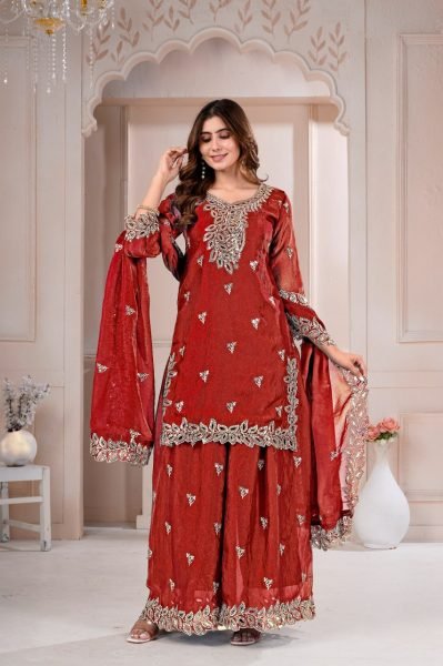 Regal Rust Designer Fendy Silk Sharara Suit with Matching Dupatta at Manufacturer  Ready To Wear Collection