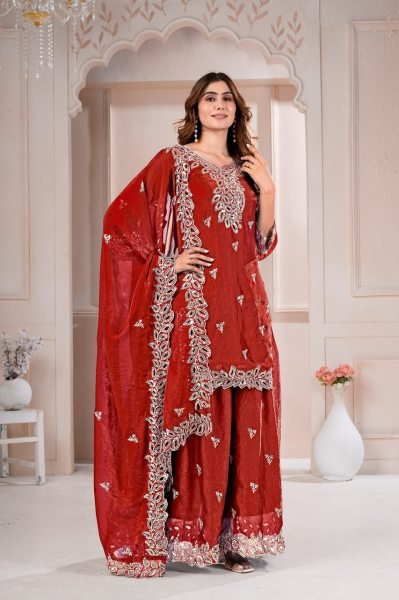 Regal Rust Designer Fendy Silk Sharara Suit with Matching Dupatta at Manufacturer  Ready To Wear Collection